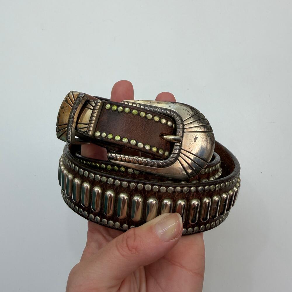 Vintage Silver Buckle Brown Leather Belt